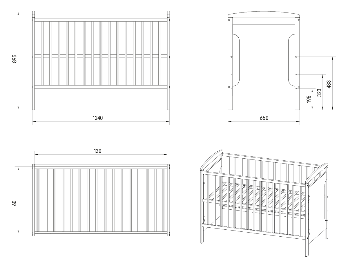 Schéma s rozměry dětské postýlky